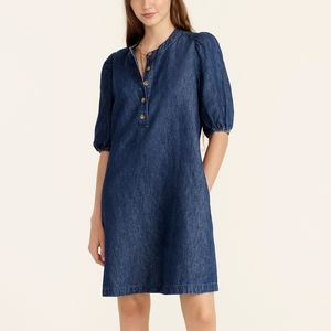 J Crew Puff-sleeve Cotton Linen Blend Denim Popover Dress